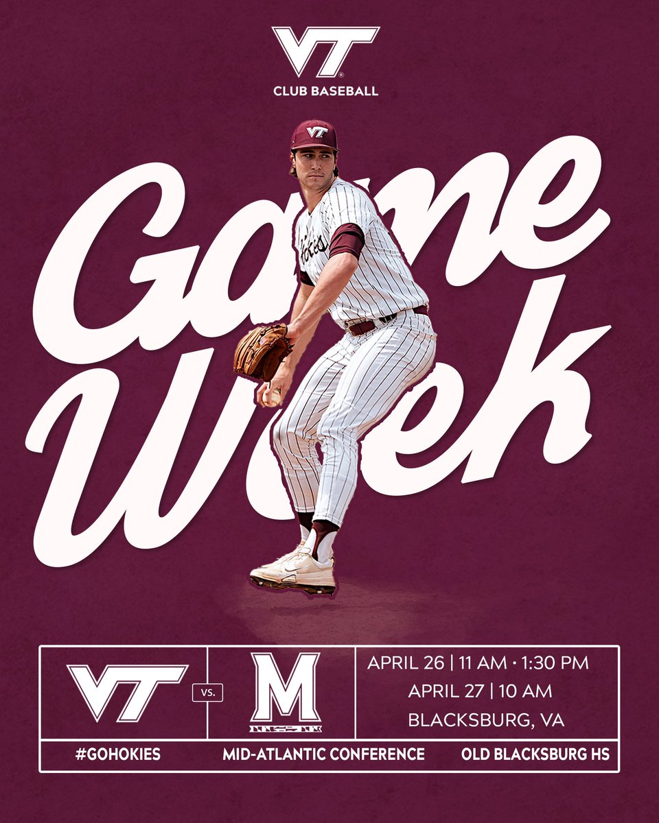 𝐆𝐚𝐦𝐞 𝐖𝐞𝐞𝐤

Hokies take on the Maryland Terps to close out the regular season. We look to continue our hot streak with regionals right around the corner! Follow on GameChanger or come support at Old Blacksburg!

#gohokies l #vtcb