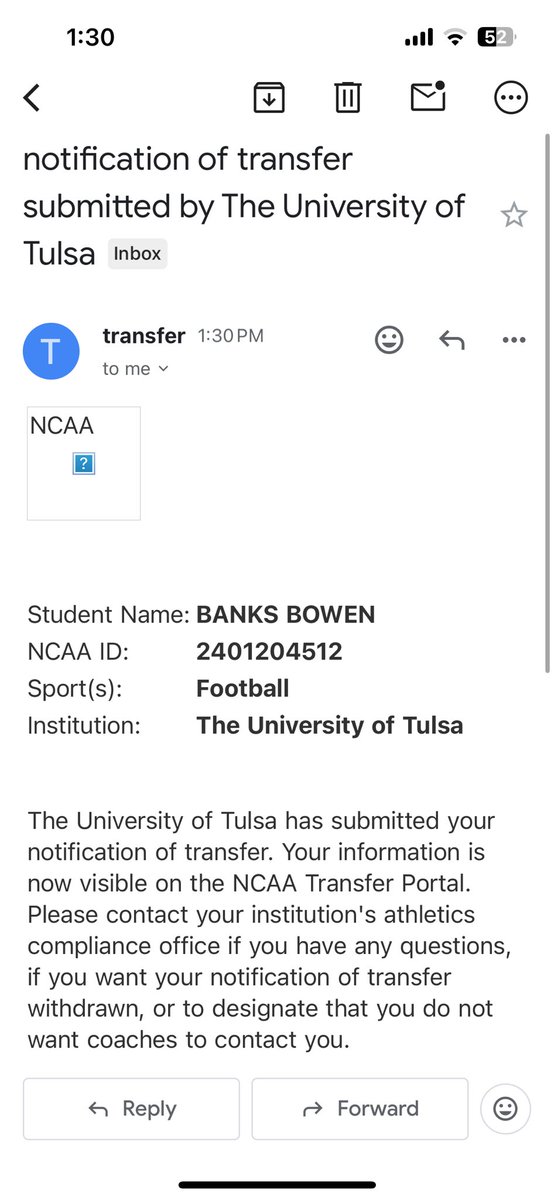 Thank you to all the people I met here in Tulsa. Thank you for the oppurtunity and taking a chance on me. After some consideration, 

I’ve decided to enter my name into the tranfer portal.