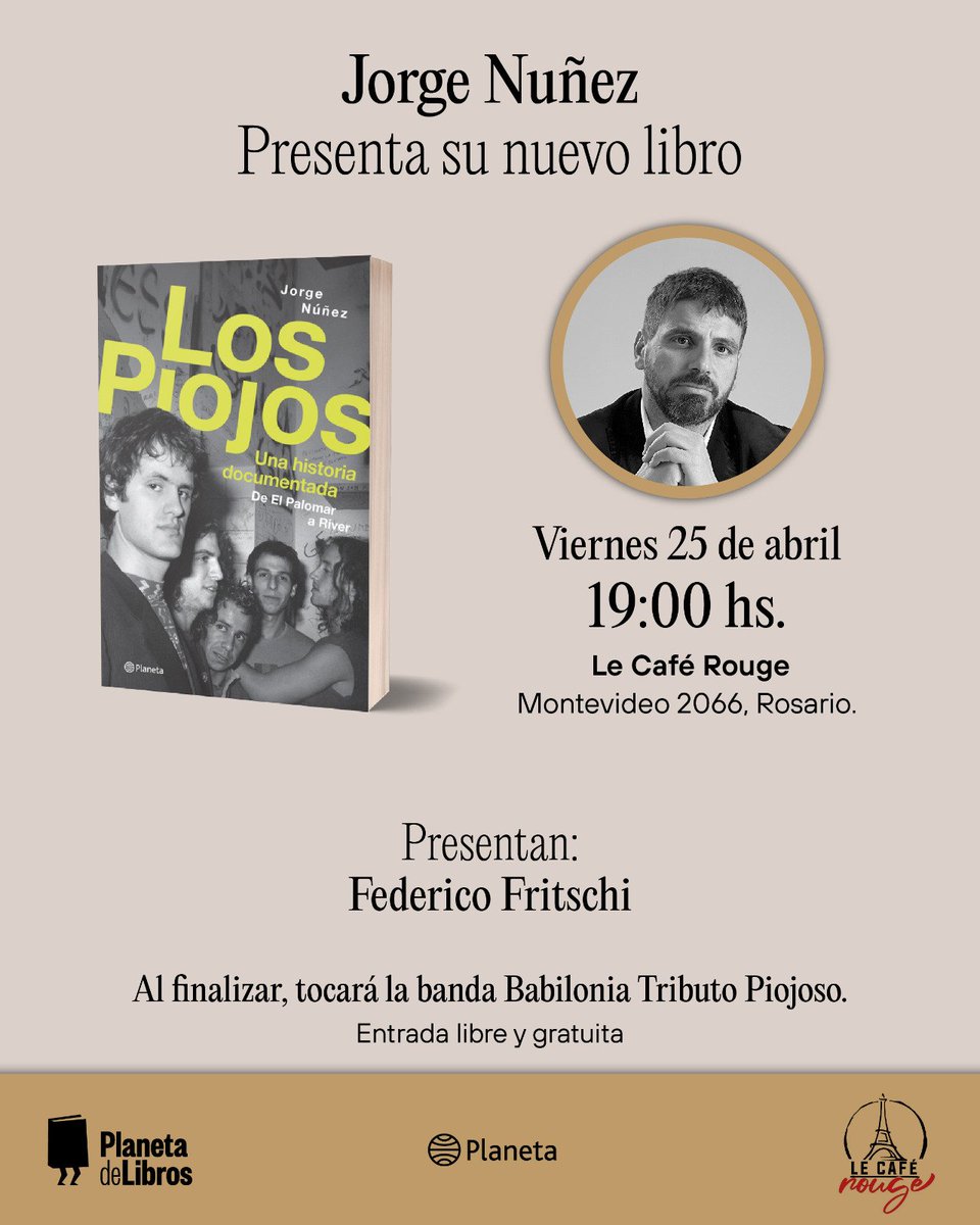 La manija piojosa no se detiene en Rosario y hoy Jorge Nuñez presenta su libro "Los Piojos. Una historia documentada. De El Palomar a River" Lo acompañaré con algunas preguntas al respecto en Le Café Rouge, Montevideo 2066. Al finalizar tocará "Babilonia". Nos vemos ahi!
