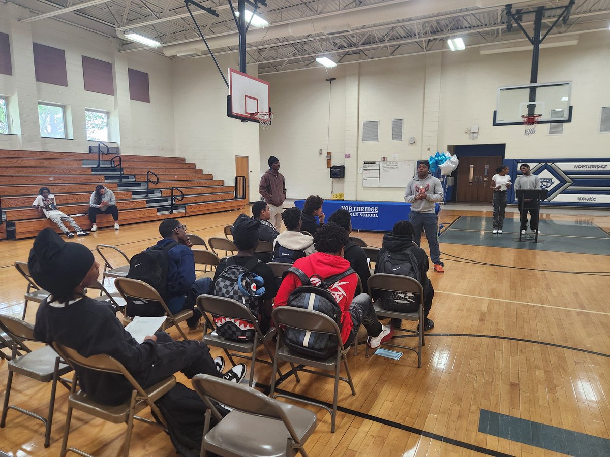 Senior DB and Methodist University commit, Estmas "E-Man" Kotay,  and 2028 DB, Tyrell Barze, talked to rising 9th graders from Northridge Middle School this morning about Rocky River football where our team is heading. We can't wait to get these Hawks to THE Rock!