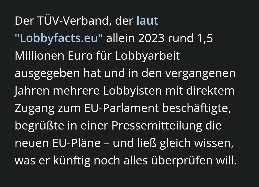 MaximalesD's tweet photo. Es sieht wohl ganz danach aus, als würde die jährliche TÜV Prüfung für alle Fahrzeuge die 10 Jahre oder älter sind bald kommen, zumindest wenn der Entwurf das EU Parlament mit deren Zustimmung durchläuft

In Lobbyarbeit zu investieren ist schon wirklich was feines, oder?

1/7 https://t.co/oyeCv11HvG
