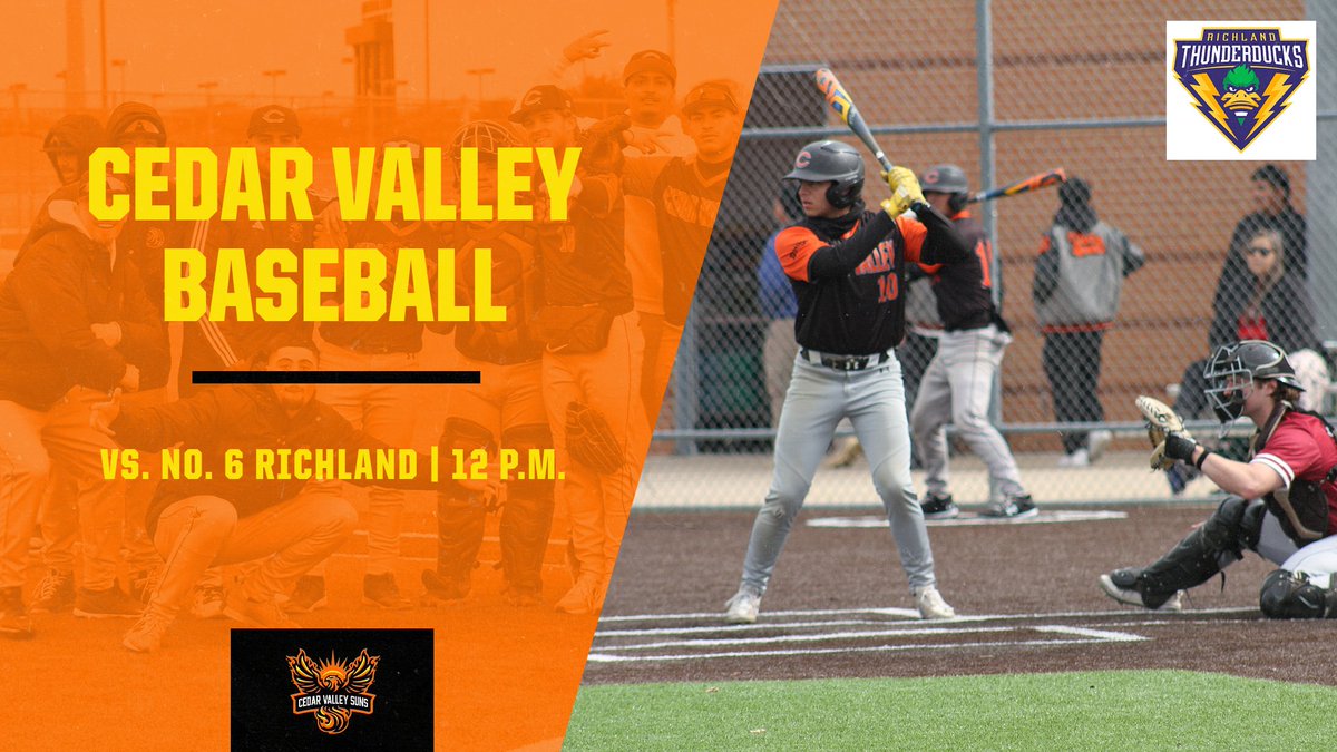 ⚾️ <a href="/CedarValleyBase/">Cedar Valley Baseball</a> vs. No. 6 <a href="/DucksBsb/">Richland Thunderducks Baseball</a> 
🕛 12 p.m. 
🏟️ Cedar Valley Field

#StrongUnitedNeverSatisfied | #DACBaseball