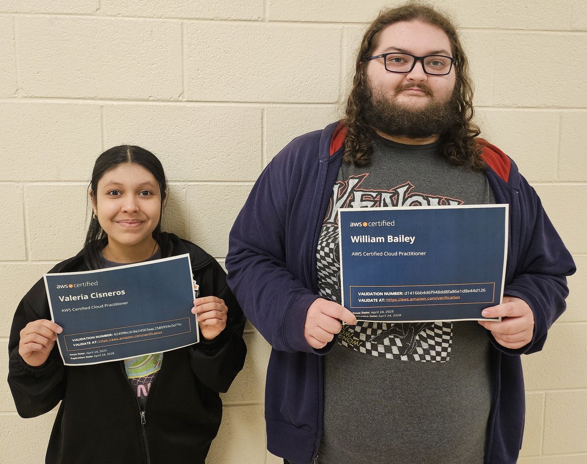 We just added another certification to our resume, AWS Certified Cloud Practitioner! Congratulations Valeria and Chase! <a href="/AP_CoachHodge/">Darius Hodge</a> <a href="/ctae_pcsd/">CTAE.PCSD</a> <a href="/GaDOE_CS/">GaDOE_CS</a>