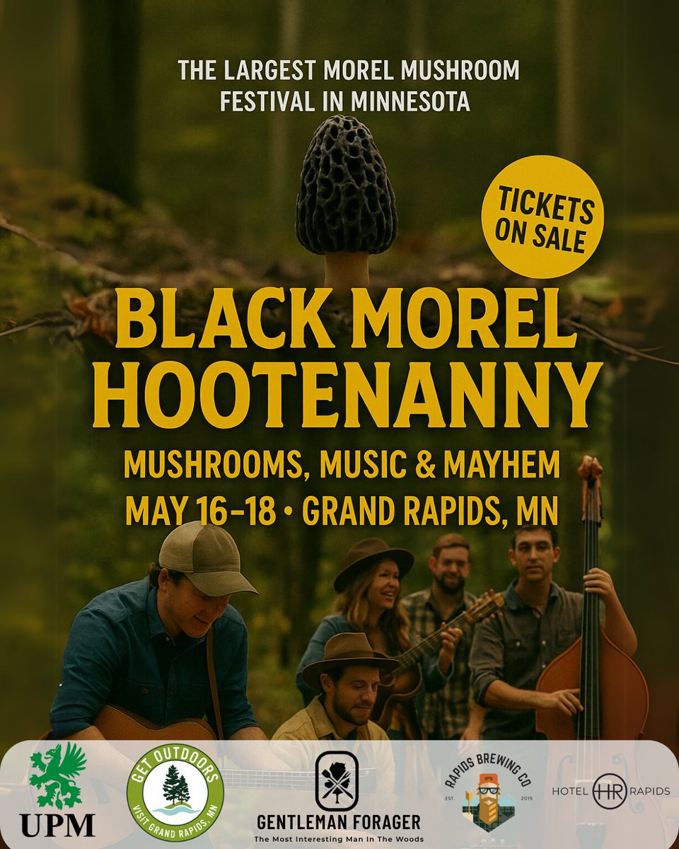 🍄 The Blaaack Morel Hootenanny is BACK — May 16–18 in Grand Rapids, MN!
Mushroom forays, ID classes, wild food, live music &amp; more.
🎟️ Tickets + details → gentlemanforager.com/event-details/…

#MorelFest #MinnesotaEvents #WildFood #Foraging #livemusicexperience