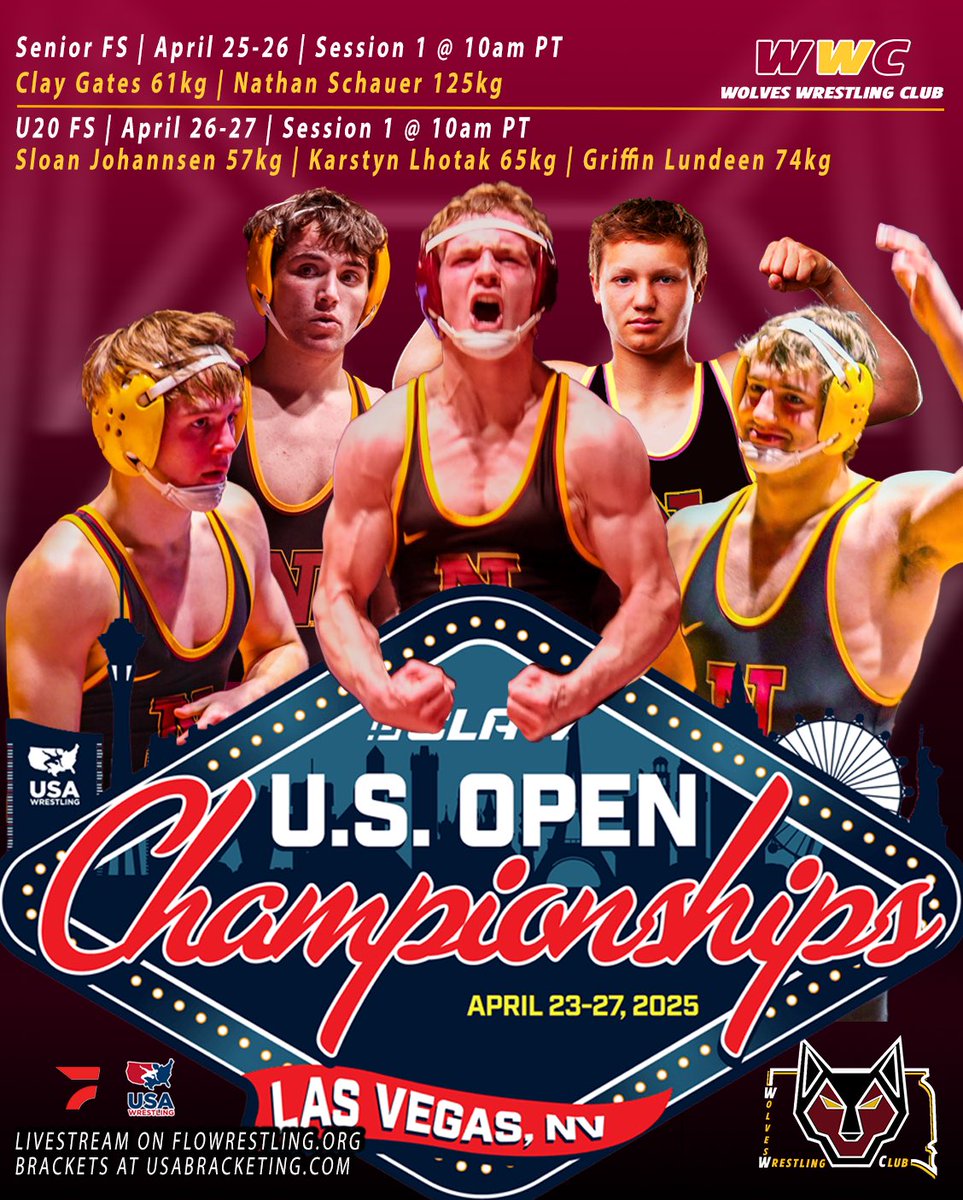 WolvesRTC's tweet photo. A lot of WWC action coming up at the U.S Open in Las Vegas, NV!

Today @10am PT - SR FS
• Clay Gates 61kg 
• Nathan Schauer 125kg

Tomorrow @10am PT - U20 FS
• Sloan Johannsen 57kg
• Karstyn Lhotak 65kg
• Griffin Lundeen 74kg

🎥 @FloWrestling
https://t.co/fAUpdwKxaZ https://t.co/CN4fS89qX8