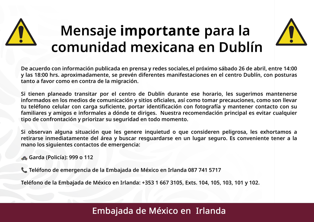 EmbaMex_Irlanda's tweet photo. ⚠️ ¡Mensaje importante! https://t.co/g7sCa426b0