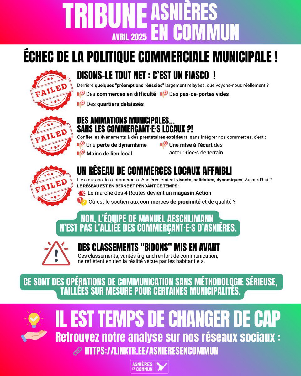 AsnieresEnCommu's tweet photo. Vous avez raté la tribune d’avril de nos élus•es au conseil municipal, sur l’échec de la politique commerciale municipale de M. Aeschlimann et ses adjoints successifs, publiée dans l’AsnieresInfo ?

Nous avons une meilleure version pour vous 🙏 https://t.co/qeGBicBsYu