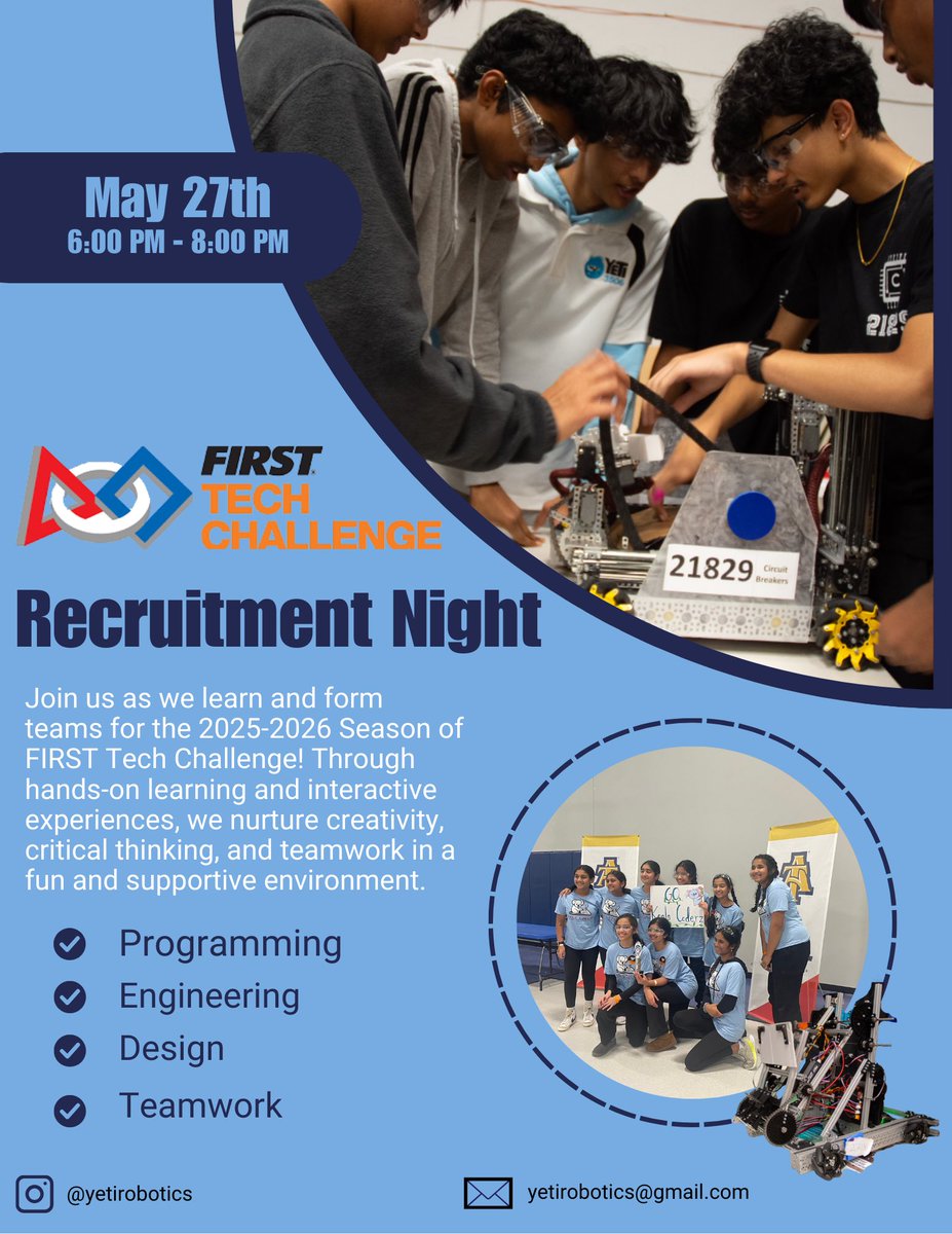 YETI Robotics 3506 (@yeti_robotics) on Twitter photo Our annual Recruitment Night for FTC is happening on May 27th! Please spread the word to your friends and family, and if you plan to attend, please email yetirobotics@gmail.com. Looking forward to seeing everyone there! Our annual Recruitment Night for FTC is happening on May 27th! Please spread the word to your friends and family, and if you plan to attend, please email yetirobotics@gmail.com. Looking forward to seeing everyone there!