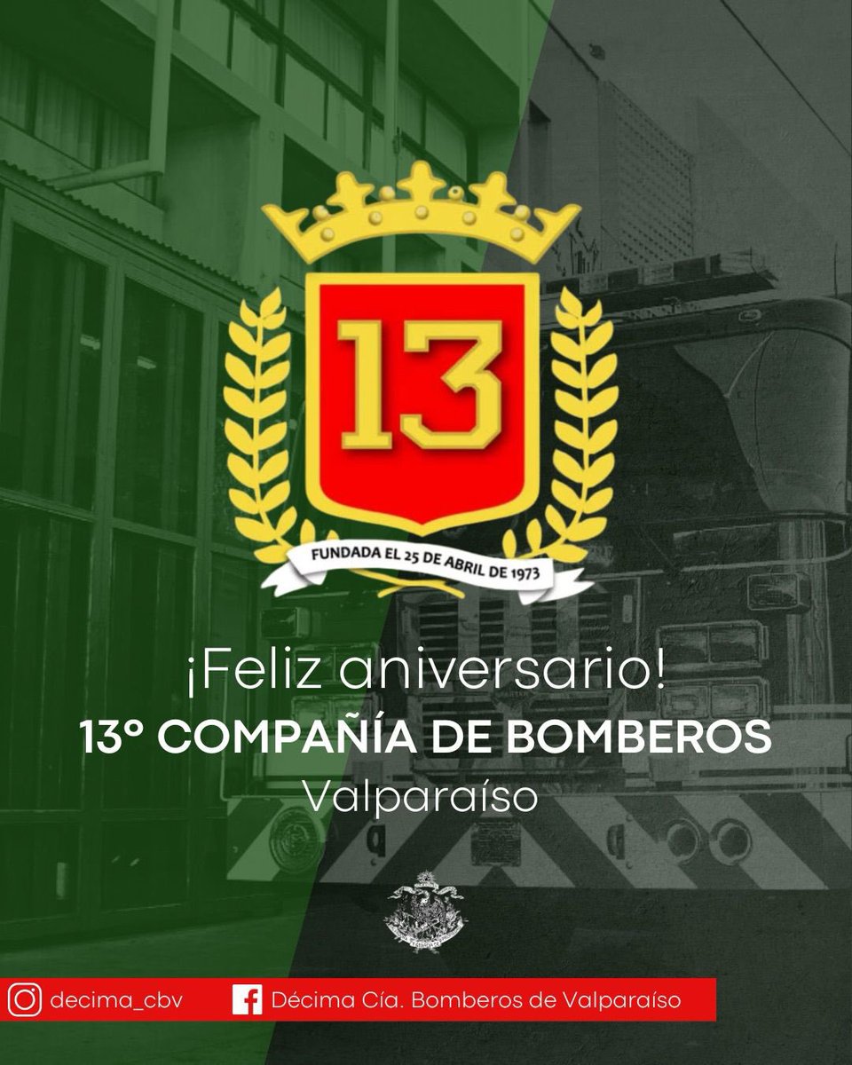 ANIVERSARIO 🎊 | Saludamos afectuosamente a la Décimo Tercera Compañía, Bomba “George Mustakis Dragonas” del Cuerpo de Bomberos de Valparaíso, por su quincuagésimo segundo aniversario.

¡ 10 grandes abrazos en su celebración!