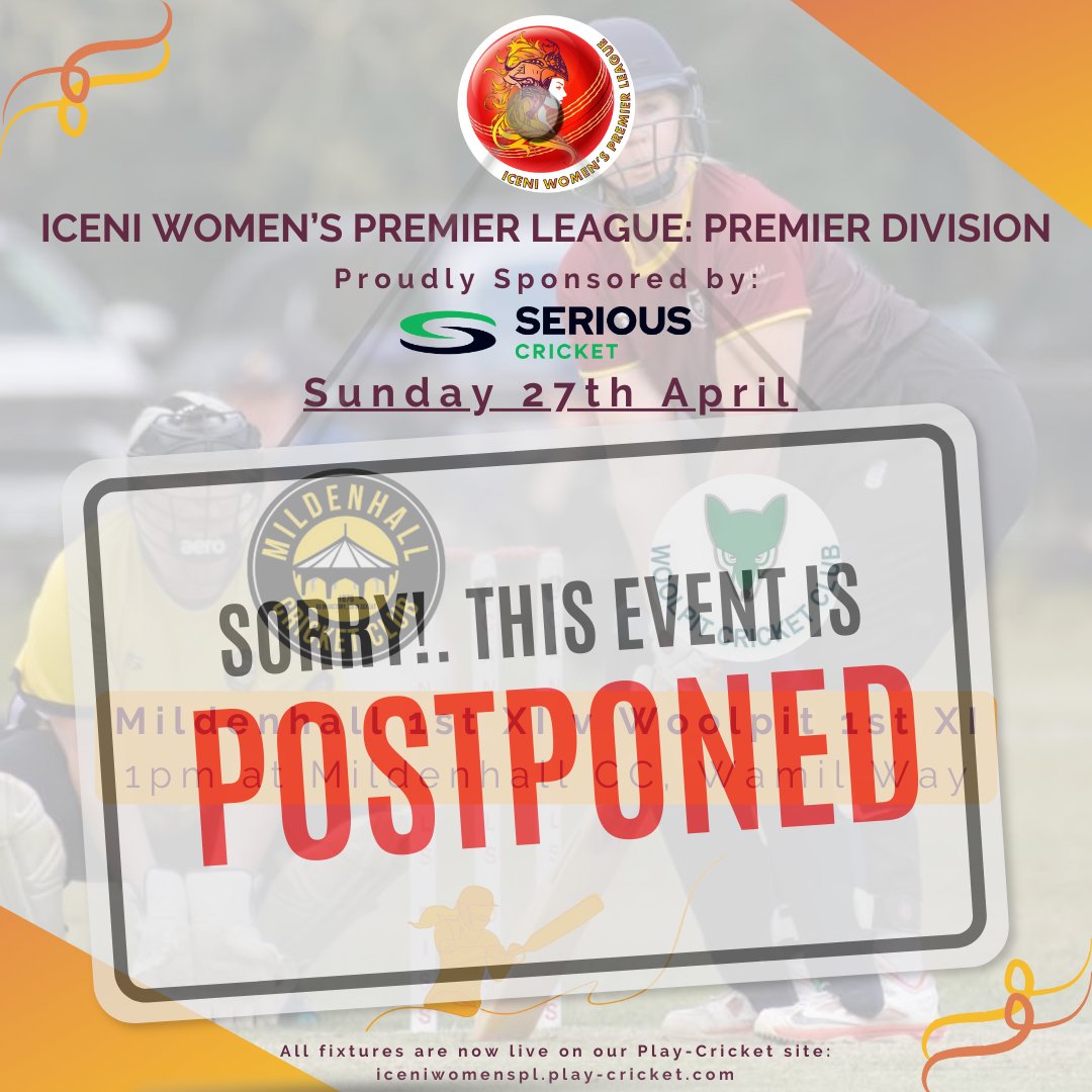 Iceni Women's Premier Cricket League (@iceniwpl) on Twitter photo 👩🦰Iceni Women's Premier Division👩🦰
The match between <a href="/MildenhallCrick/">Mildenhall Cricket Club</a> and <a href="/WoolpitCC/">Woolpit CC</a> has been postponed until Sunday 27th July. Apologies for any inconvenience this may cause
#IceniWPL #WomensCricket #MatchPostponed #SeriousCricket <a href="/suffolkcricket/">Suffolk Cricket ❤️🏏</a> 👩🦰Iceni Women's Premier Division👩🦰
The match between <a href="/MildenhallCrick/">Mildenhall Cricket Club</a> and <a href="/WoolpitCC/">Woolpit CC</a> has been postponed until Sunday 27th July. Apologies for any inconvenience this may cause
#IceniWPL #WomensCricket #MatchPostponed #SeriousCricket <a href="/suffolkcricket/">Suffolk Cricket ❤️🏏</a>