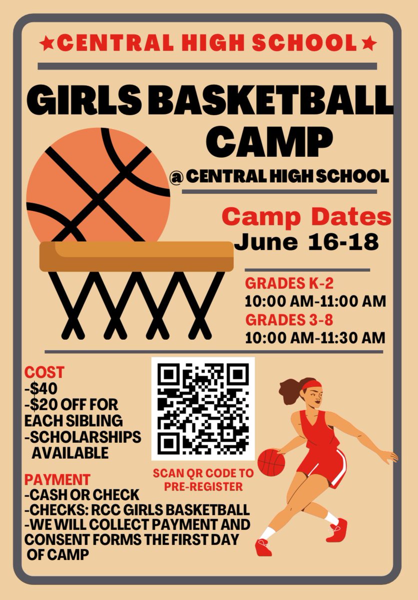 The CHS girls basketball program is excited to host a youth basketball camp for girls entering grades K-8, happening June 16-18. Check out the flyer for all the details. To pre-register please complete this form: forms.gle/SNLMMABfFpL7nF…

Hope to see your basketball player there!