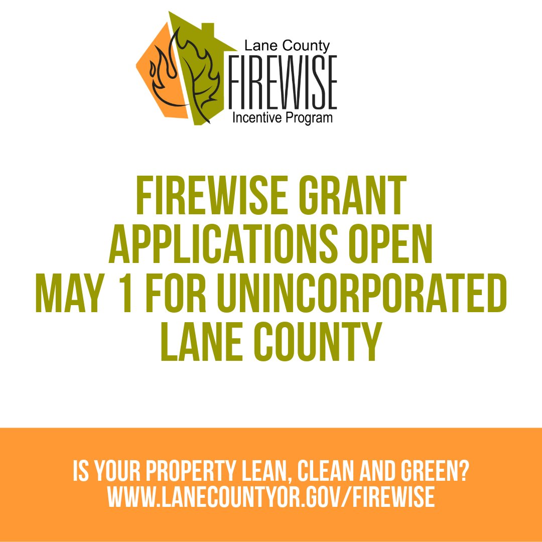 🔥 Firewise Grant apps open May 1! 🔥 

Rural Lane County property owners can get up to $15,500 to reduce wildfire risk—clearing vegetation, replacing wood shake roofs &amp; more. Apply by May 30: LaneCountyOR.gov/firewise