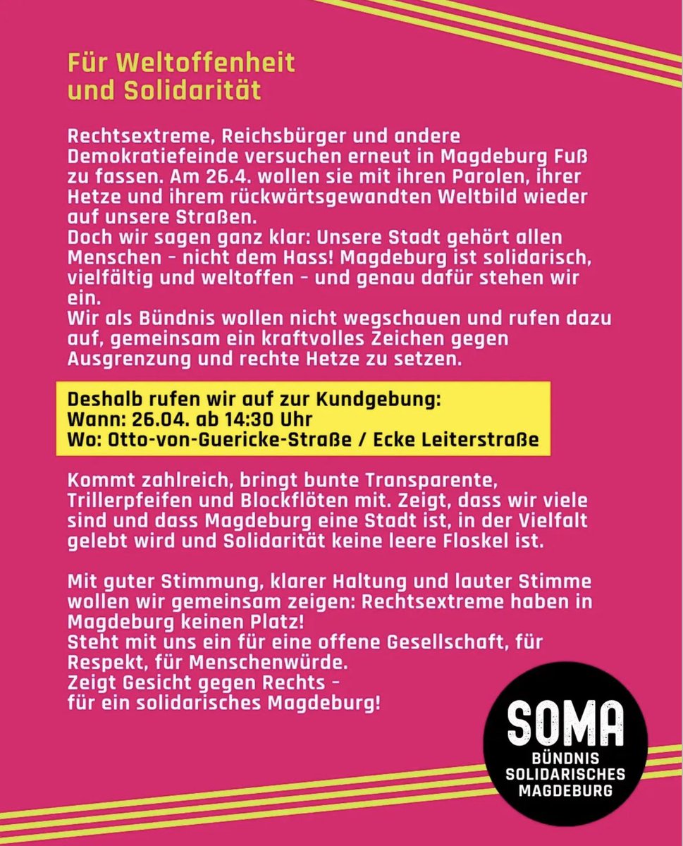 Morgen, 26.04.2025 // 14:30 Uhr

Weil “Grenzen dicht” weder unsere maroden Schulen saniert, noch für eine faire und solidarische Zukunft sorgt. 🫶