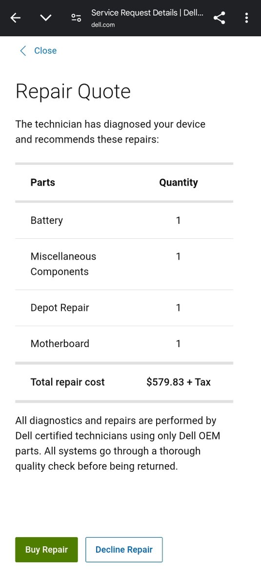 OzscJayden's tweet photo. 🙁 $579.83 + Tax.. We had to decline repair..
#dell #ailenware #gaminglaptop #laptop #repaircost https://t.co/lg8IOznLh0