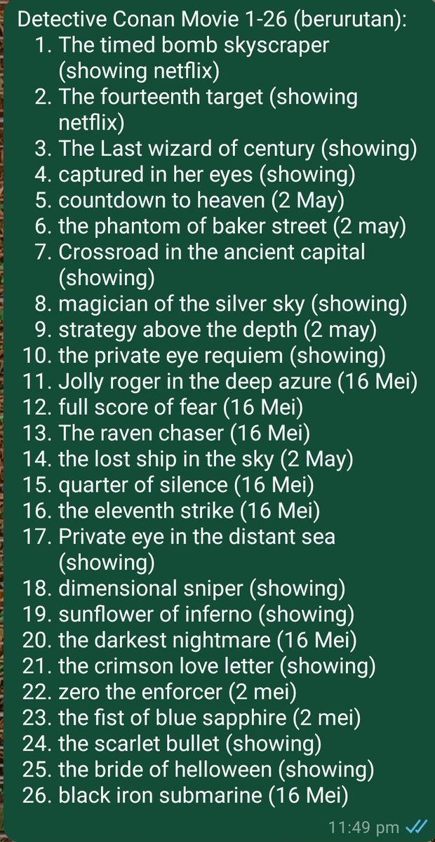 dantidakjelas's tweet photo. @HabisNontonFilm Let me help you ngelist Detective Conan Movie (bukan yg series ya krn itu nonton aja dari E1S1) yg tayang dan coming soon di netflix berdasarkan urutan keluarnya untuk yg mau nonton movie tapi berurut: 
Cmiiw juga https://t.co/rqAuevB1D4