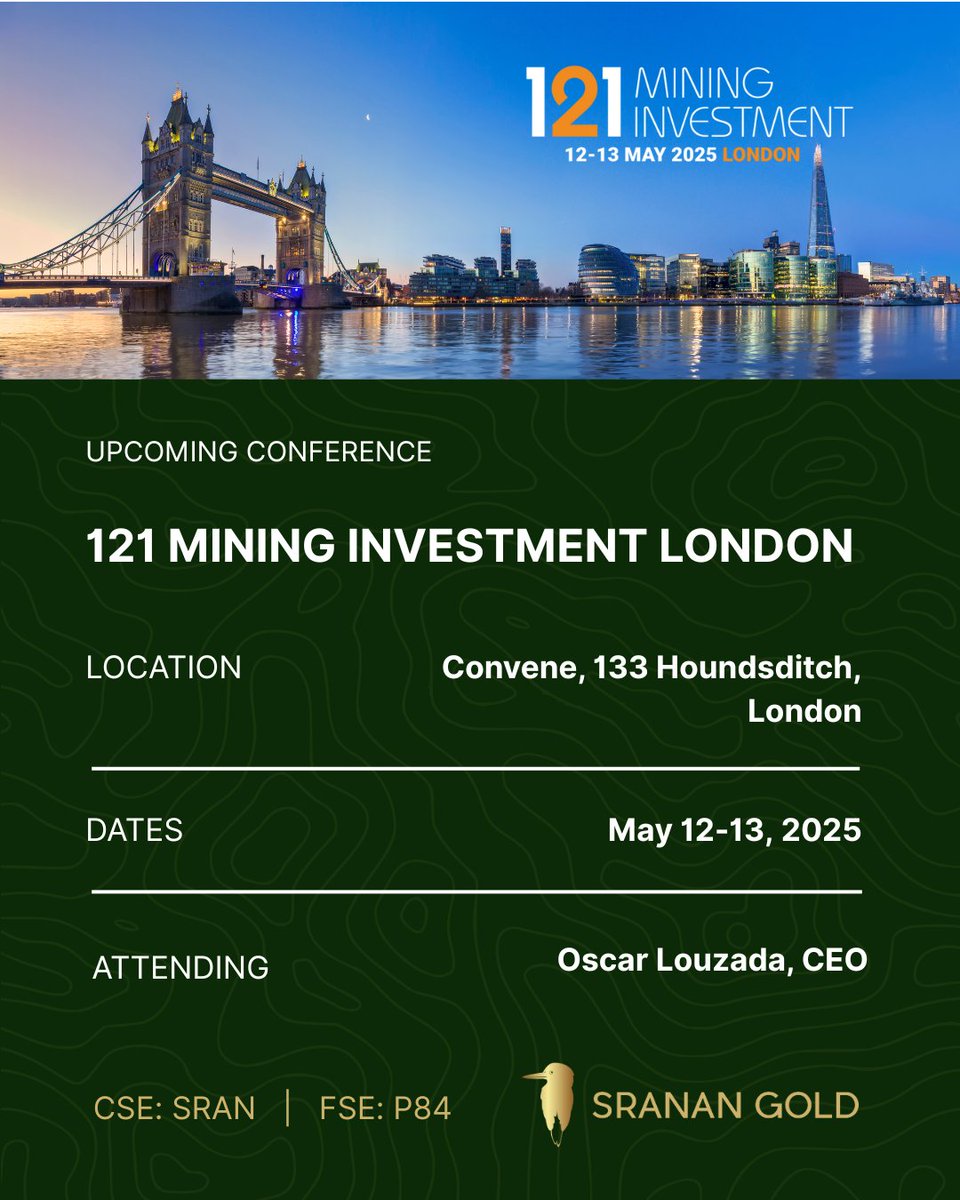 SrananGold's tweet image. #NEWS – Sranan Gold is participating in the 121 Mining Investment Conference in London to share upcoming key catalysts with investors. Read more: newsfilecorp.com/release/249705…
$SRAN @Investinmining #gold #mining #investing