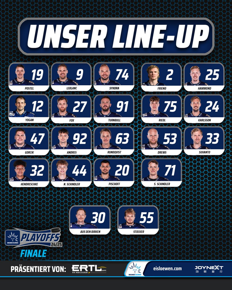 Um 20:00 Uhr starten wir in Spiel 5 der Finalserie gegen die Ravensburg Towerstars. Wir beginnen mit dieser Aufstellung!

#EislöwenRudel #DresdnerEislöwen #RVTvsDRE