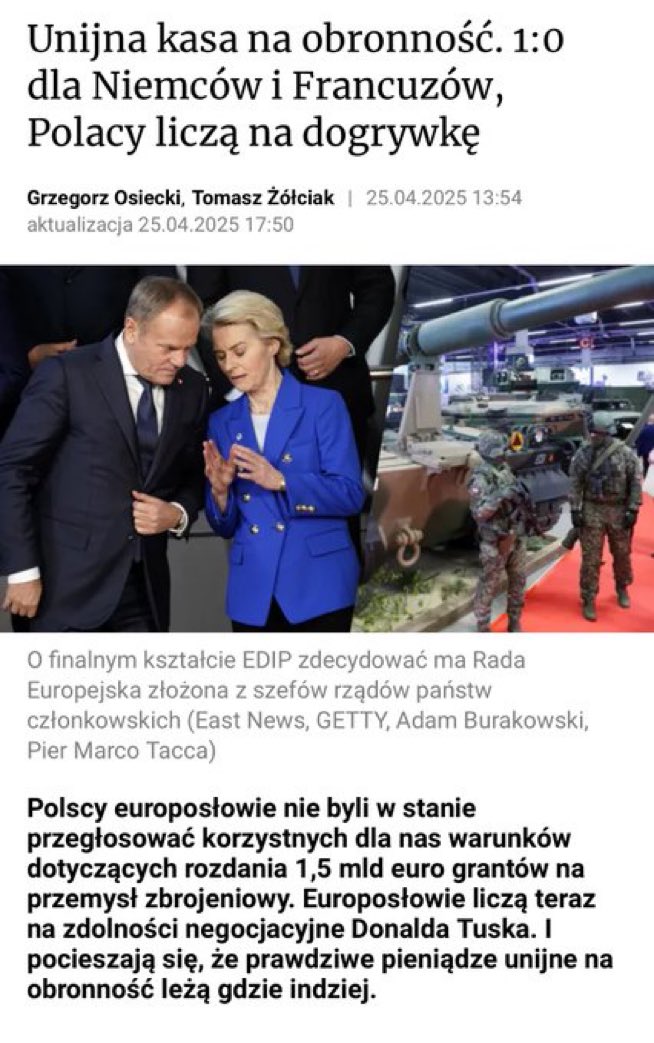 Donald Tusk, którego nikt miał w Europie nie ograć, po raz kolejny dał się okiwać. 

Kiedy mówiliśmy, że rezolucja, którą poparł ten patorząd, to prosta droga do wykluczenia naszej zbrojeniówki ze wszelkich europejskich zamówień, nazywali nas kłamcami. Rzeczywistość dopadła ich