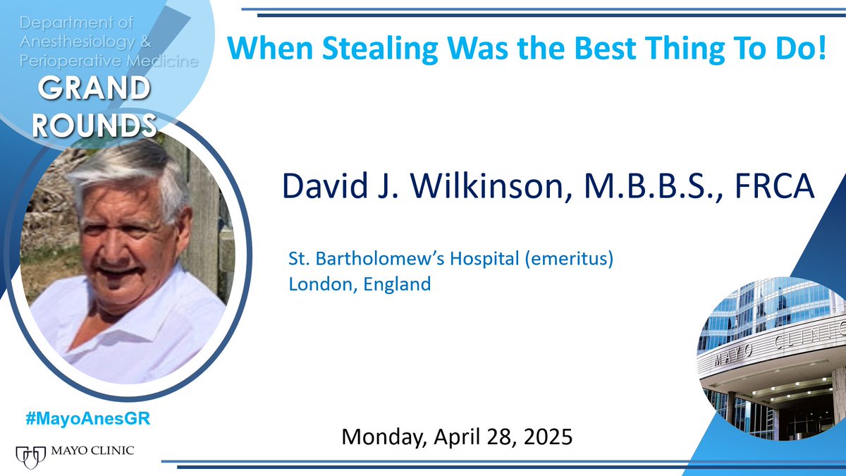 Mayo Clinic Department of Anesthesiology (@mayoanesthesia) on Twitter photo We are honored to host Dr. Wilkinson as our upcoming grand rounds speaker. He will present, "When Stealing Was the Best Thing To Do!"
#MayoAnesGR
<a href="/mollymhherr/">Molly Herr</a> @juangripoll1 We are honored to host Dr. Wilkinson as our upcoming grand rounds speaker. He will present, "When Stealing Was the Best Thing To Do!"
#MayoAnesGR
<a href="/mollymhherr/">Molly Herr</a> @juangripoll1