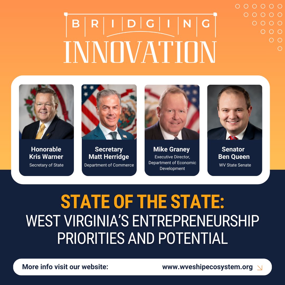 WVSOS Kris Warner is joining an incredible panel workshop at the WV Entrepreneurship Ecosystem's Bridging Innovation Conference tomorrow at 1pm on Shepherd University's campus.
Secretary Warner &amp; the other esteemed panelists will be diving into the state’s entrepreneurship focus