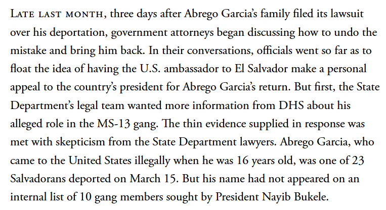 ReichlinMelnick's tweet photo. WOW. Career officials inside the Trump admin first viewed the case of Mr. Abrego Garcia like any normal case of a wrongful deportation — they began looking for ways to bring him back, as happens whenever ICE makes that mistake.

Then the White House got involved, and blew it up. https://t.co/Qo2qUiioGH