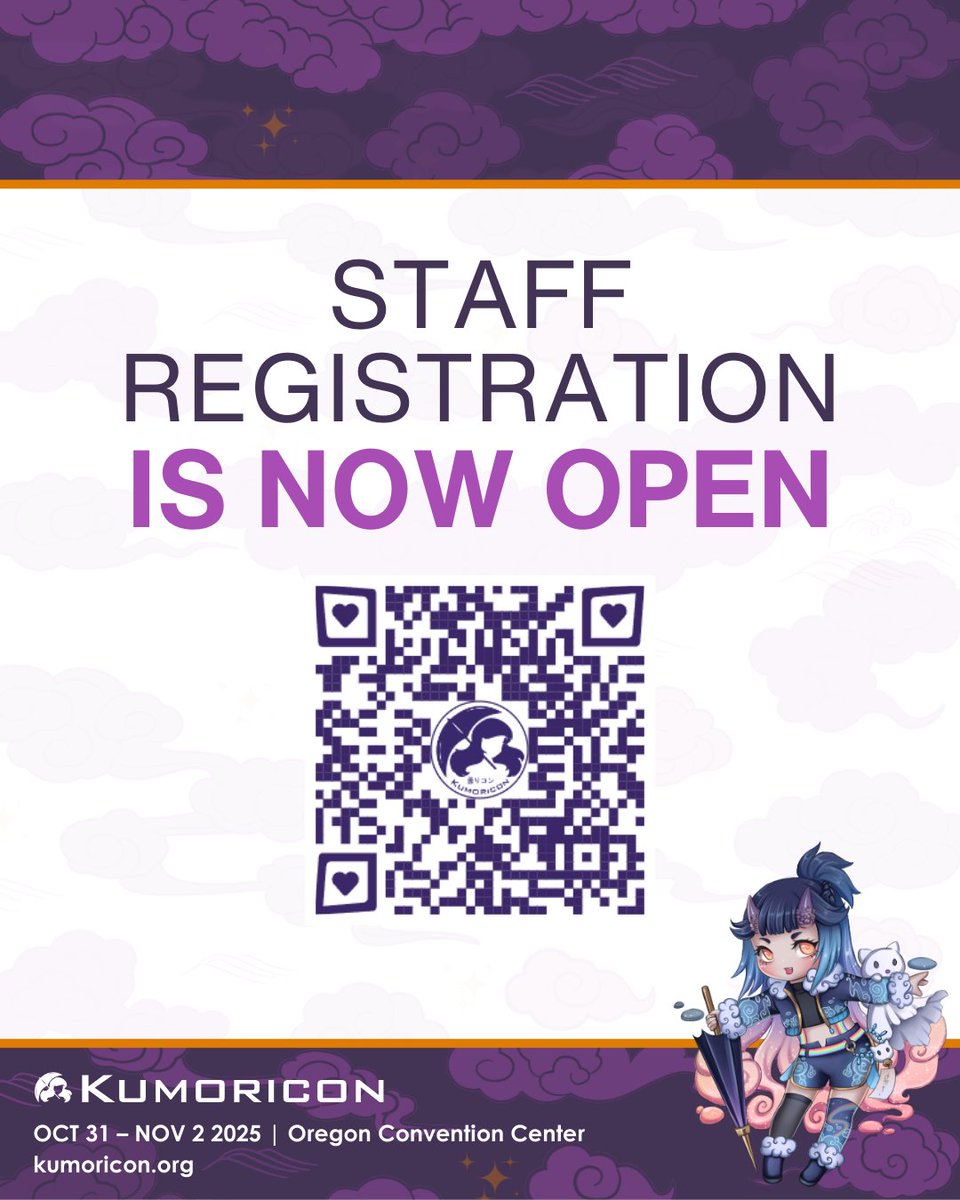 Staff Registration for Kumoricon 2025 is now open!
If you are a returning staffer, you can browse open positions here (kumoricon.org/open-positions) or, if you already know what position you'd like to apply for, you can start the application process here (kumoricon.org/staff-applicat…).