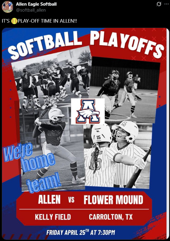 Allen ISD Athletics (@alleneaglesath) on Twitter photo Good Luck to <a href="/softball_allen/">Allen Eagle Softball</a> as they start playoffs tonight!! 🅰️🆙🥎
⏰7:30 pm
🆚Flower Mound HS
🏟️Kelly Softball Complex
🎟️Buy Tickets -my.hometownticketing.com/.../ee33cb1c-9…...
Clear bag policy in effect. Good Luck to <a href="/softball_allen/">Allen Eagle Softball</a> as they start playoffs tonight!! 🅰️🆙🥎
⏰7:30 pm
🆚Flower Mound HS
🏟️Kelly Softball Complex
🎟️Buy Tickets -my.hometownticketing.com/.../ee33cb1c-9…...
Clear bag policy in effect.
