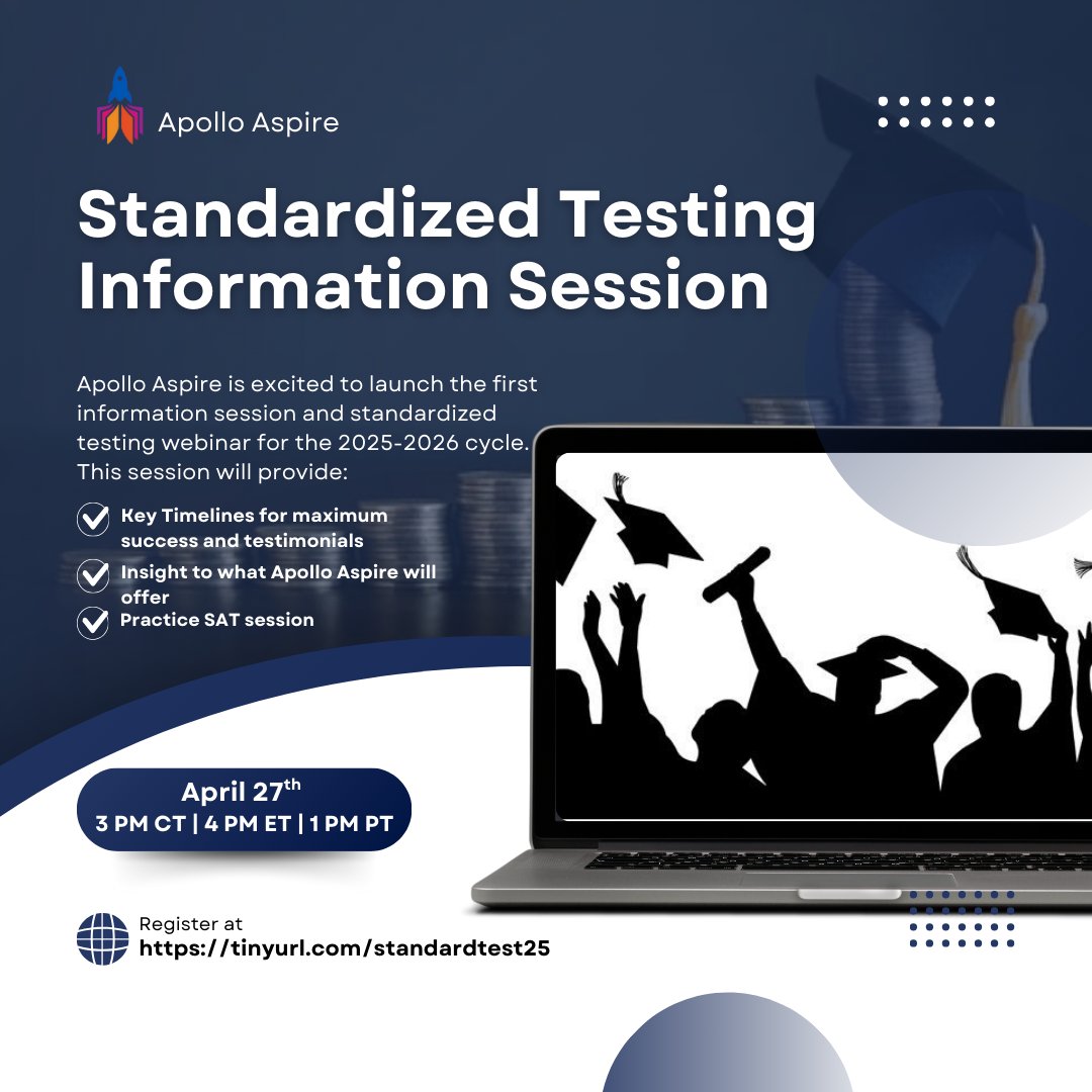 Attention all 11th graders: Join us for an Apollo Aspire informational webinar on standardized testing. Do not miss this opportunity to learn more about the SAT through our practice session. 

Check apollo.aspire on Instagram for more details.

tinyurl.com/standardtest25