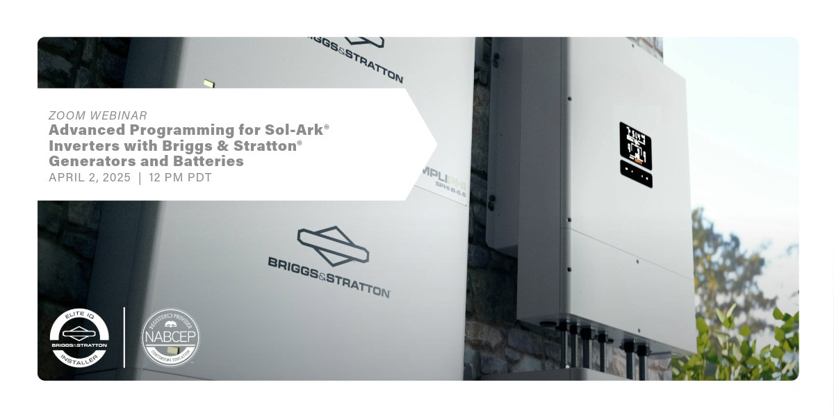 Briggs_Energy's tweet image. April 29th from 12–1 PM PDT: Advanced Programming for Sol-Ark® Inverters with Briggs &amp;amp; Stratton® Generators and Batteries 

Sign-up today: ow.ly/IMrK50VHiaN

Join our expert trainers on how to use generators and transfer switches together.
#ESS #NABCEP