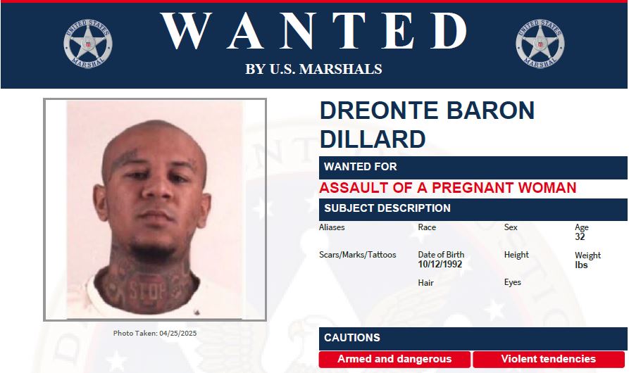 U.S. Marshals Service Dallas (@usms_dallas) on Twitter photo USMS North Texas Fugitive Task Force is seeking information on fugitive Dreonte Dillard, 32, wanted for Assault of a Pregnant Woman and other felony charges.  Anyone with information on the whereabouts of Dillard is urged to contact  800-336-0102 or usmarshals.gov. USMS North Texas Fugitive Task Force is seeking information on fugitive Dreonte Dillard, 32, wanted for Assault of a Pregnant Woman and other felony charges.  Anyone with information on the whereabouts of Dillard is urged to contact  800-336-0102 or usmarshals.gov.