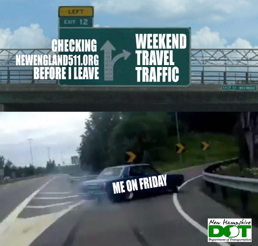 NewHampshireDOT's tweet photo. ๐๐จ It's Fri-YAY! Check https://t.co/65EPgskZZ7 for real-time traffic updates. #VacationWeek #NHtraffic #PlanAhead #RoadConstructionSeason #NewEngland511 #ProudToBeNHDOT https://t.co/xyAfhYZ8Hh