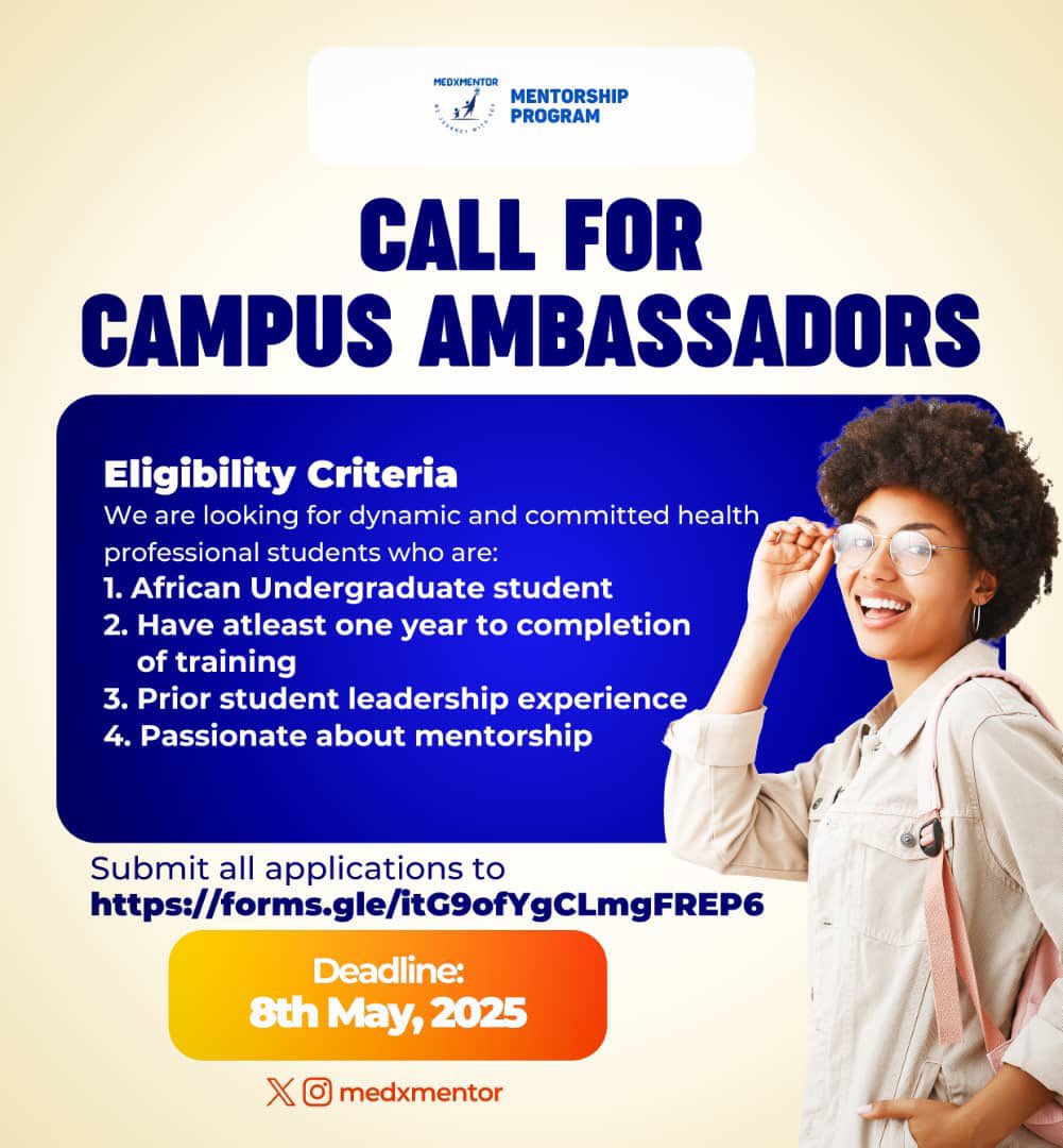 Are you driven to improve medical students mentorship and make a real!

Join our team as a campus ambassador at your university across Africa. 
Find out more about the role here: docs.google.com/document/d/1JF…

Click the link below to apply:
 forms.gle/itG9ofYgCLmgFR…