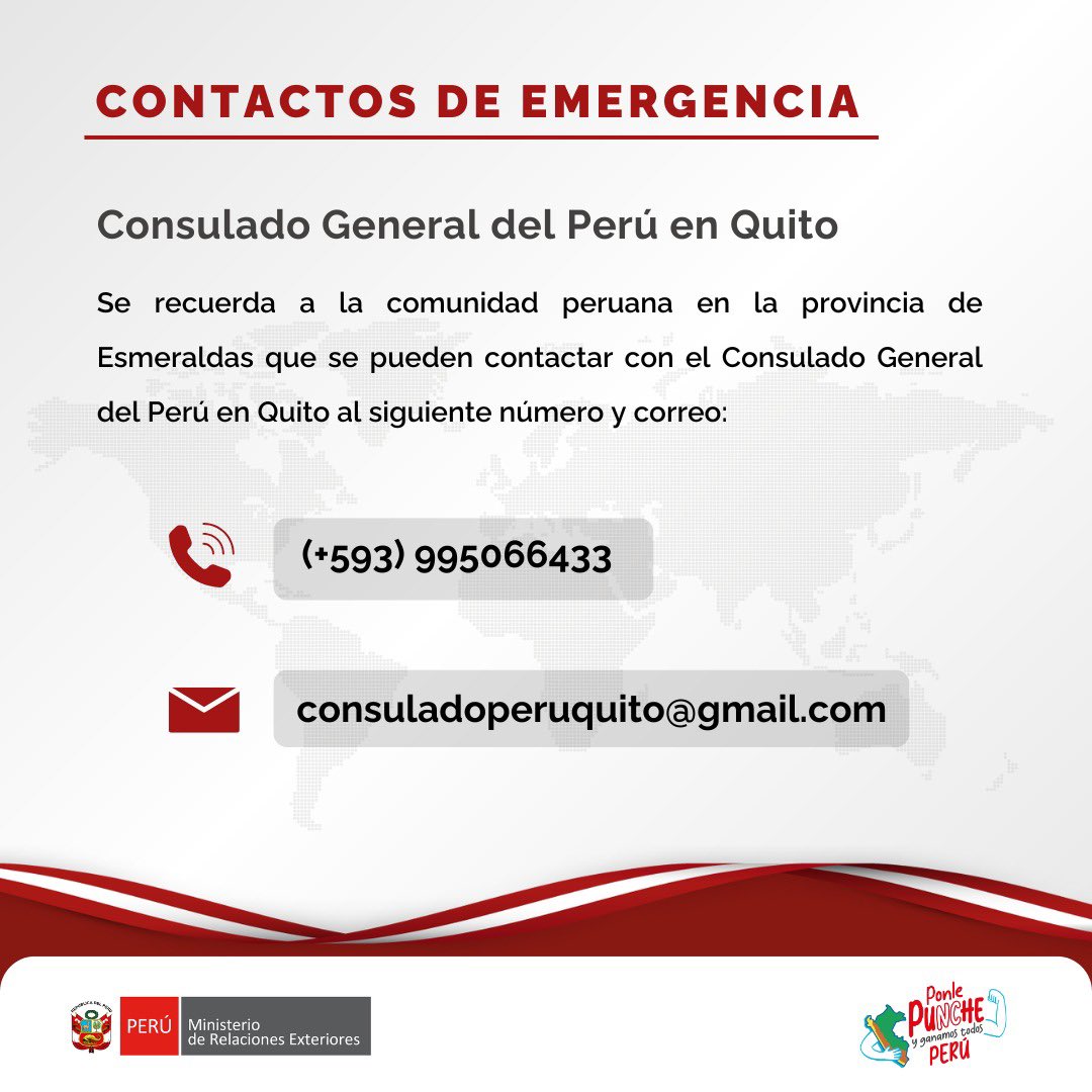 El Gobierno del Perú trasmite su solidaridad y pesar al pueblo y Gobierno ecuatoriano por los heridos y daños materiales ocasionados por el sismo ocurrido en la fecha en la provincia de Esmeraldas.