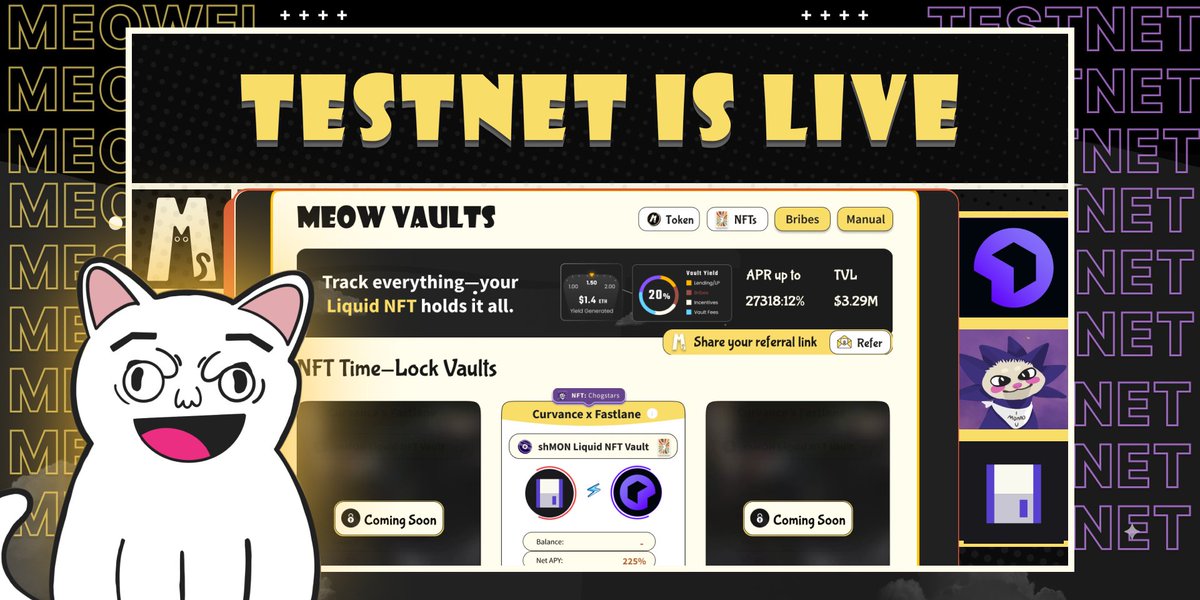 MeowFi_'s tweet image. Meow Finance is now live on @monad_xyz Testnet!

Mint your Liquid NFT from @chogstarrr — backed by shMON from @0xFastLane, earning multi-layer yield through @Curvance, all powered by MeowFi.

Dive in → app.meowfi.xyz