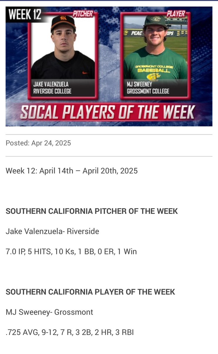 Griffin Baseball Nation Alert🔥⬆️⚾️ Sophomore MJ Sweeney was named SoCal CCCBCA Player of the Week. cccbca.com/information/20…
