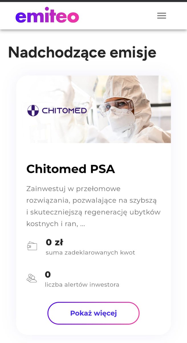 Dobry wieczór
Wreszcie ruszyło. Zapraszamy wszystkich zainteresowanych inwestycją w naszą technologię.
Po due diligance platforma crowdfundingu inwestycyjnego Emiteo otworzyła naszą pre-kampanię dotyczącą inwestycji w akcje.
Zachęcamy do zapisów na "alert inwestora", bo od tego