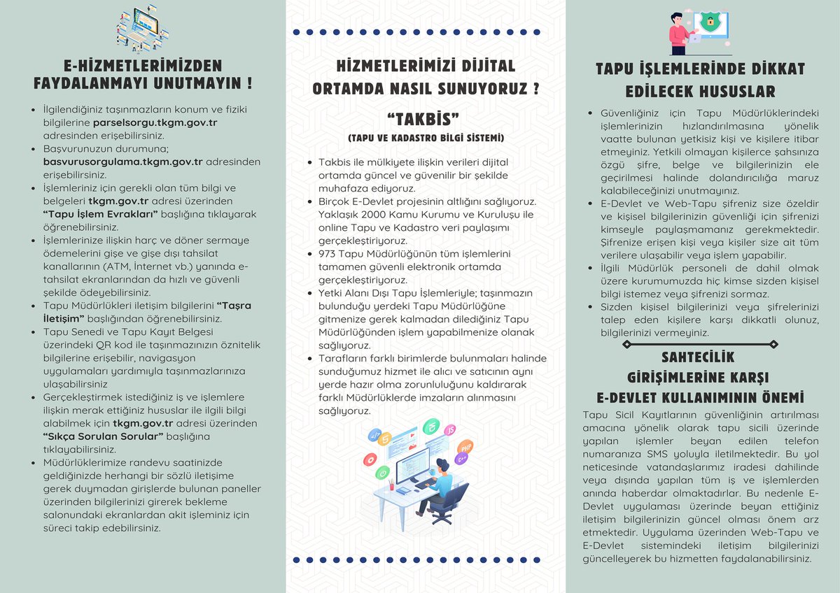 Eskişehir Tapu ve Kadastro (@eskisehirbolge) on Twitter photo Tapu başvuru işlemleri sürecinde kullanılan E-Hizmetlerin, vatandaşlarımıza tanıtımı ve bilgilendirilmesi amacıyla Bölge Müdürlüğümüzce “Tapu Müdürlüklerinde E-Hizmetler” konulu broşür hazırlanmış ve dağıtımı başlamıştır. <a href="/tkgmgovtr/">Tapu ve Kadastro</a>
tkgm.gov.tr/eskisehir-bm/b… Tapu başvuru işlemleri sürecinde kullanılan E-Hizmetlerin, vatandaşlarımıza tanıtımı ve bilgilendirilmesi amacıyla Bölge Müdürlüğümüzce “Tapu Müdürlüklerinde E-Hizmetler” konulu broşür hazırlanmış ve dağıtımı başlamıştır. <a href="/tkgmgovtr/">Tapu ve Kadastro</a>
tkgm.gov.tr/eskisehir-bm/b…