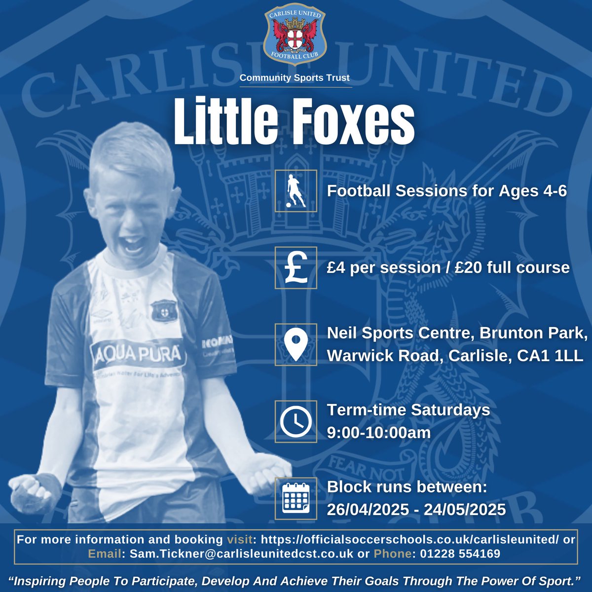 🦊 Our Little Foxes sessions get back underway tomorrow!

These sessions are the perfect way to introduce your child to playing football and develop their skills with our coaches.

Places are limited so sign up now: officialsoccerschools.co.uk/carlisleunited…