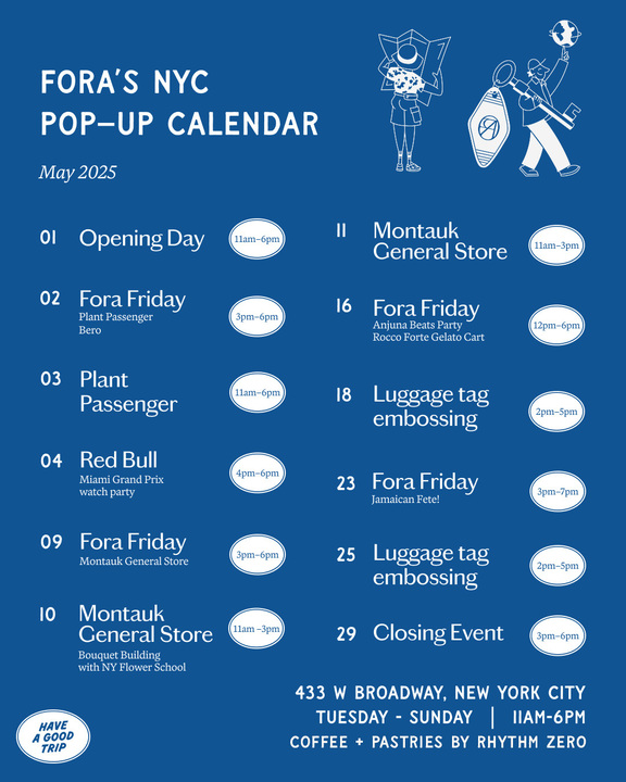 We’re popping up in NYC all May long 🗽

Consider this your invite to swing by. 433 W Broadway | Tues–Sun | 11–6

Mark your calendars —Your next trip starts here.
11m