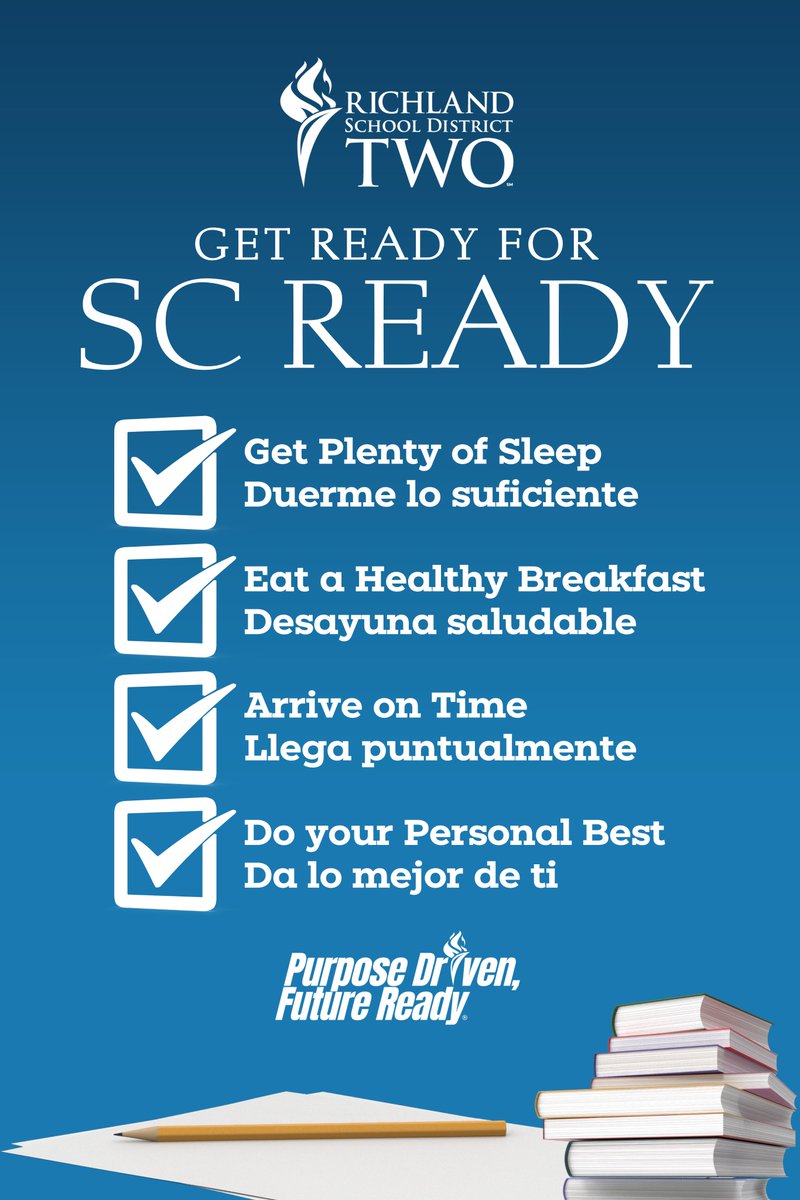 RichlandTwo's tweet photo. 📚✨¡Padres, preparémonos para SC!
¡Las pruebas SC Ready comienzan el martes 29 de abril para todos los estudiantes de 3.º a 8.º grado!
Asegúrese de que su hijo/a:
✔️ Duerma bien
✔️ Desayune saludable
✔️ Llegue a tiempo
¡Lo tenemos! 💪
#SCReady https://t.co/Hq9fYA2pEl