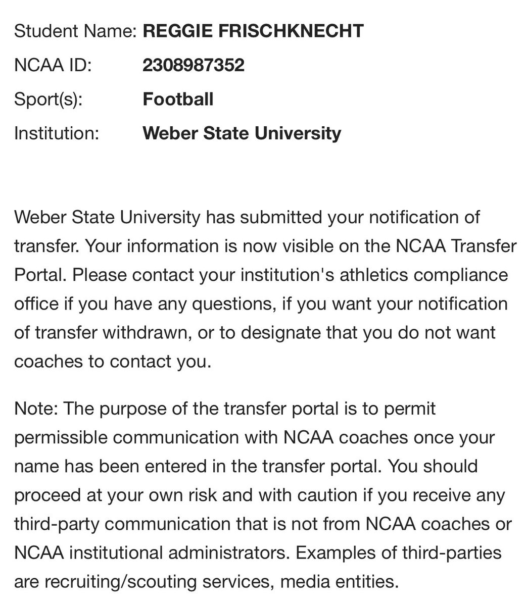 I have officially entered my name in the NCAA transfer portal from Weber State University‼️

WR

6’4”  200lbs

3 years eligibility + redshirt year