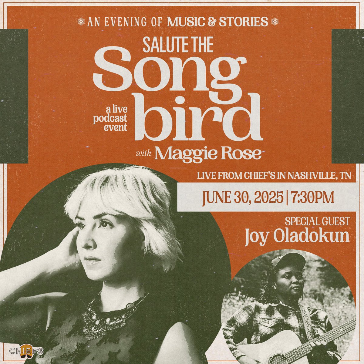 Maggie Rose (@iammaggierose) on Twitter photo My next guest on <a href="/SaluteSongbird/">Salute The Songbird Podcast</a> podcast is the amazing <a href="/joyoladokun/">joy oladokun is in crocs.</a>! 🕊️ Join us LIVE at <a href="/ChiefsBroadway/">Chief's on Broadway</a> on June 30th for an evening filled with music and stories.
🎟️ Get your tickets now at MaggieRoseMusic.com! My next guest on <a href="/SaluteSongbird/">Salute The Songbird Podcast</a> podcast is the amazing <a href="/joyoladokun/">joy oladokun is in crocs.</a>! 🕊️ Join us LIVE at <a href="/ChiefsBroadway/">Chief's on Broadway</a> on June 30th for an evening filled with music and stories.
🎟️ Get your tickets now at MaggieRoseMusic.com!