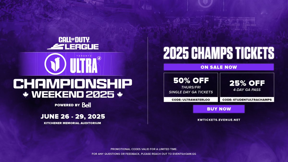 Call of Duty Champs is coming to town this summer‼️

Grab your tickets NOW with exclusive discount codes provided by <a href="/TorontoUltra/">Toronto Ultra</a>

🗓️ June 26-29th
🏟️ Kitchener Memorial Auditorium (The Aud)
🎫 kwtickets.evenue.net/events/CDL

#CODChamps #CDL2025