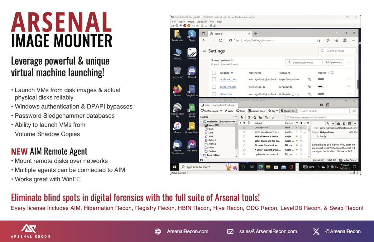 ArsenalRecon's tweet image. Arsenal Image Mounter v3.11.307 is now available with minor fixes & other improvements which include improved handling of corrupt Registry hives when launching virtual machines. See the change log for more information. ArsenalRecon.com/downloads #DFIR