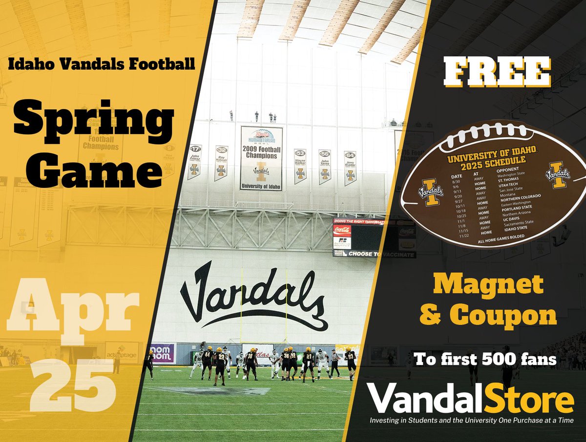 VandalStore (@vandalstore) on Twitter photo Gear up for the Spring Game TODAY - We have a Football tee on sale for only $10, plus a helmet crew on sale for $40, and a Nike FB Tee for $25! PLUS the first 500 attendees to the game will receive a <a href="/idahovandals/">idahovandals</a> football schedule magnet and a coupon for the VandalStore ๐ Gear up for the Spring Game TODAY - We have a Football tee on sale for only $10, plus a helmet crew on sale for $40, and a Nike FB Tee for $25! PLUS the first 500 attendees to the game will receive a <a href="/idahovandals/">idahovandals</a> football schedule magnet and a coupon for the VandalStore ๐