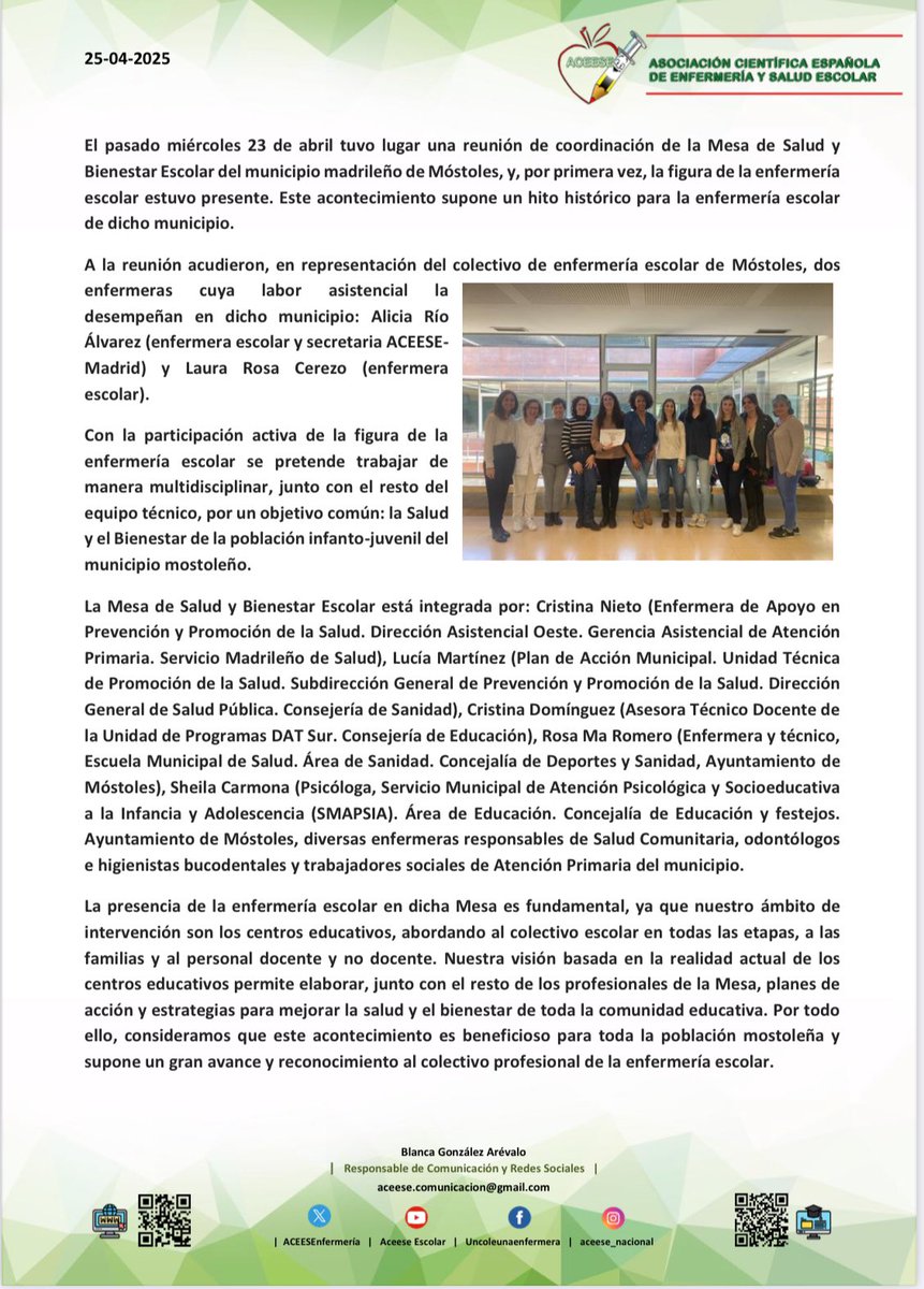 El miércoles 23 de abril se celebró una reunión de coordinación de la Mesa de Salud y Bienestar Escolar en el municipio madrileño de Móstoles, y por primera vez, la figura de la enfermera escolar estuvo representada.