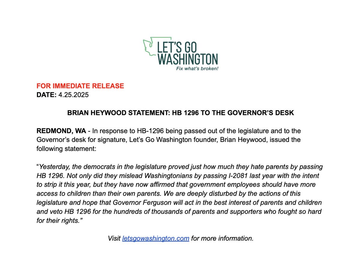 Let's Go Washington (@letsgowa) on Twitter photo See <a href="/bkheywood/">Brian Heywood - That Damn Mormon</a> statement on HB 1296 being sent to the Governor's desk: See <a href="/bkheywood/">Brian Heywood - That Damn Mormon</a> statement on HB 1296 being sent to the Governor's desk: