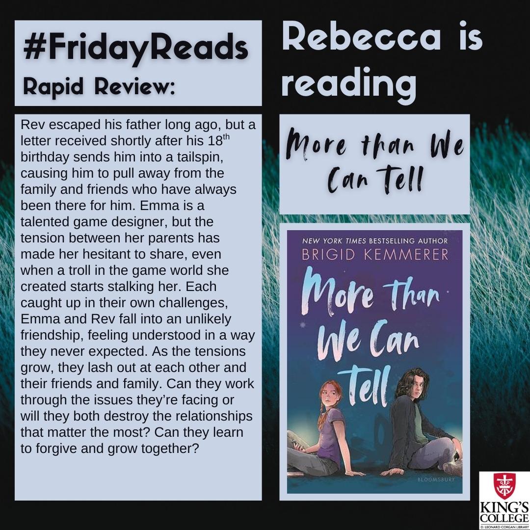 Rebecca is loving the relationships in Brigid Kemmerer's More than We Can Tell. What are you reading this weekend?

 #FridayReads #AmReading #LibraryLife #YoungAdult #YA #Romance #Contemporary #BrigidKemmerer