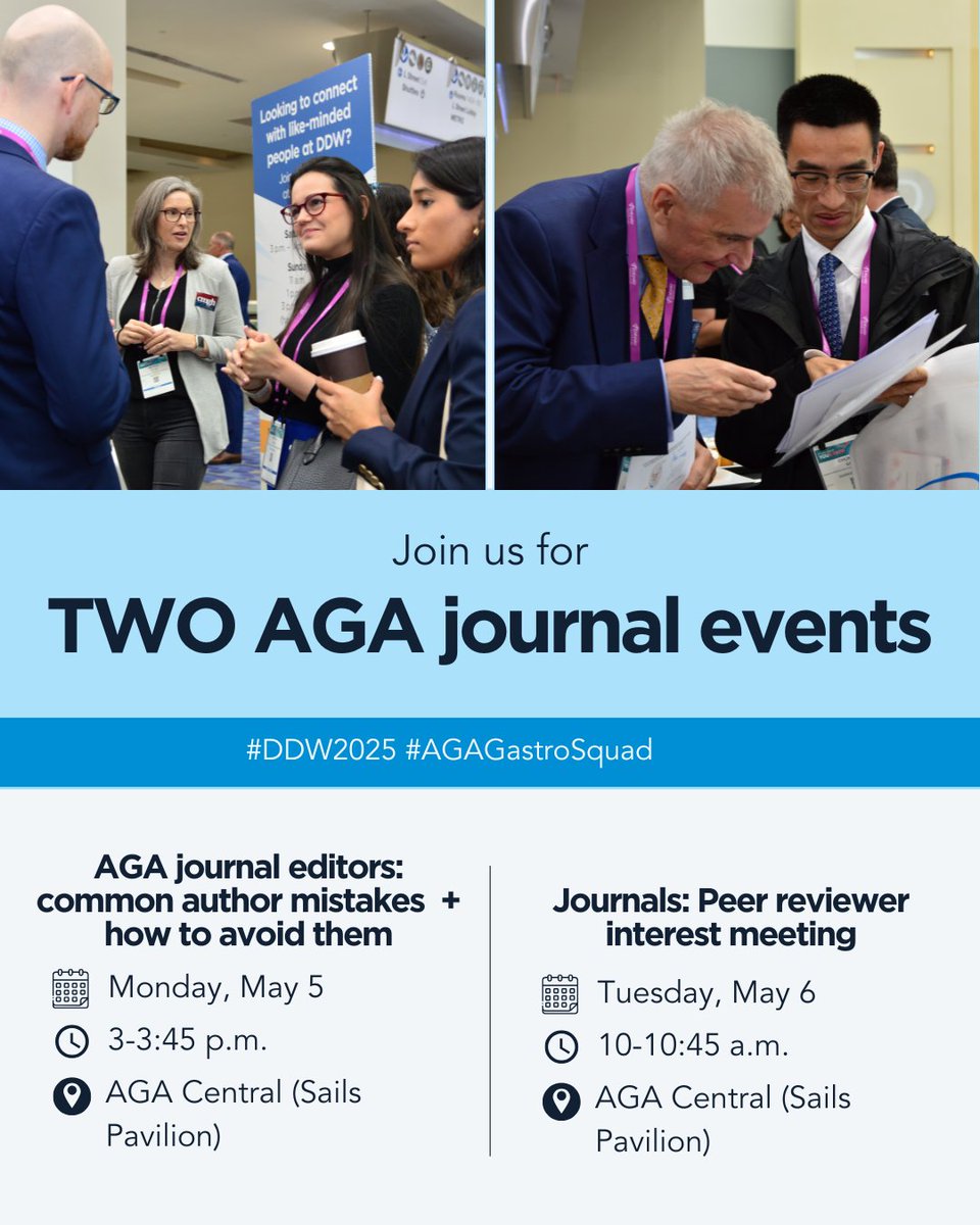 American Gastroenterological Association (AGA) (@amergastroassn) on Twitter photo Meet us at AGA Central π (Sails Pavilion) for 2β£ AGA journal events during #DDW2025! Find out what editors look for in submissions + how to be a peer reviewer. With <a href="/MBattleLab/">Battle Lab</a> <a href="/PaulMoayyedi/">Paul Moayyedi</a> <a href="/SSrinivasanMD/">Shanthi Srinivasan, MD</a> <a href="/VinayChandraMD/">Vinay Chandrasekhara, MD</a> and other editors. Details: ow.ly/njTt50VEZly. Meet us at AGA Central π (Sails Pavilion) for 2β£ AGA journal events during #DDW2025! Find out what editors look for in submissions + how to be a peer reviewer. With <a href="/MBattleLab/">Battle Lab</a> <a href="/PaulMoayyedi/">Paul Moayyedi</a> <a href="/SSrinivasanMD/">Shanthi Srinivasan, MD</a> <a href="/VinayChandraMD/">Vinay Chandrasekhara, MD</a> and other editors. Details: ow.ly/njTt50VEZly.