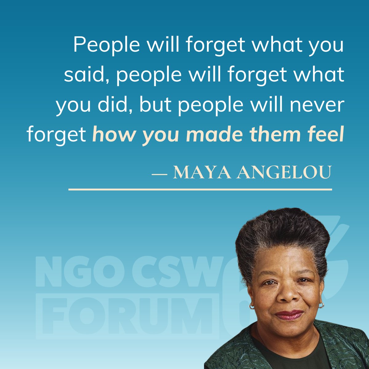 ✨ Inspiration for the weekend ✨

"People will forget what you said, people will forget what you did, but people will never forget how you made them feel" — Maya Angelou

#inspiration #NGOCSWNY #MayaAngelou #socialimpact